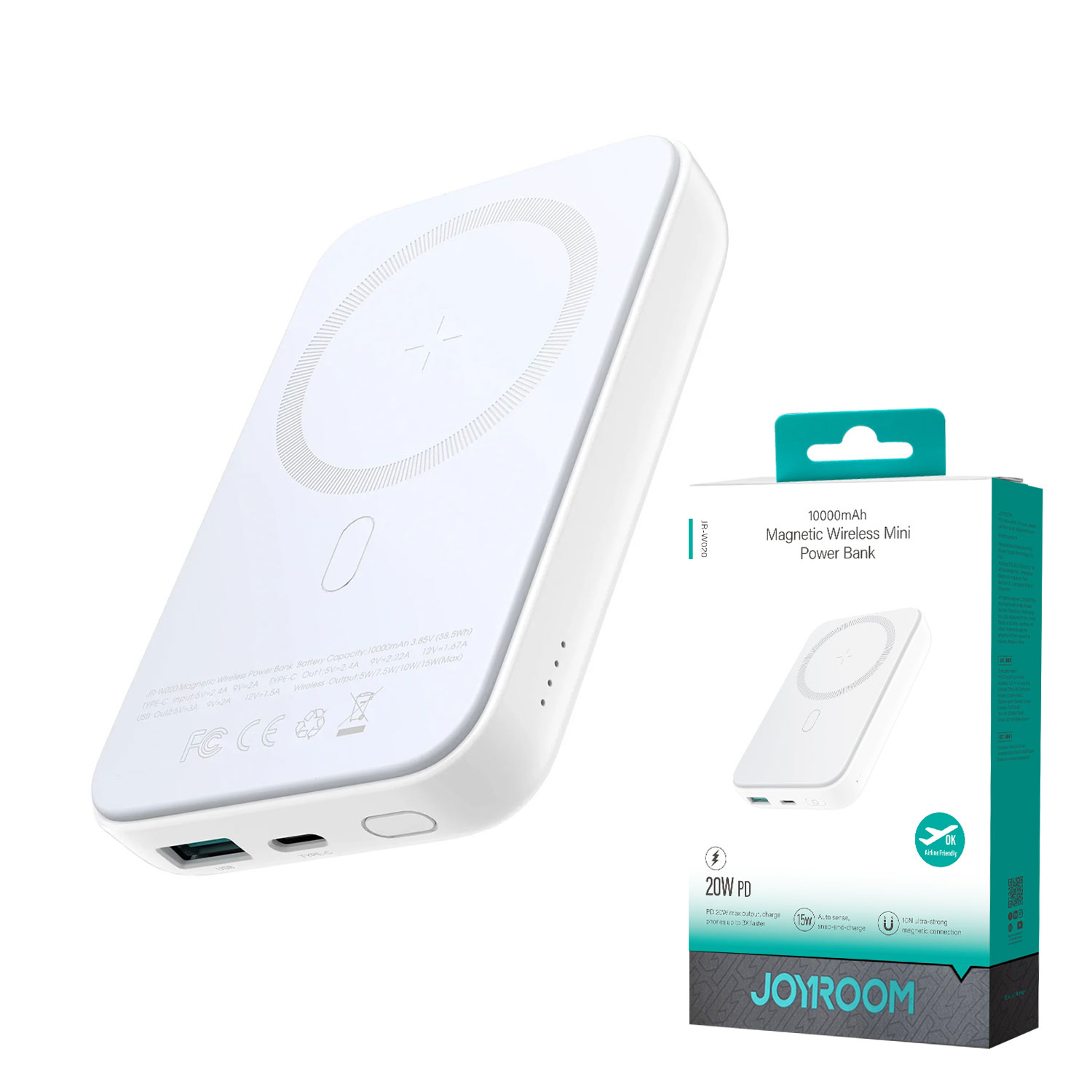 Joyroom Jr-W020 Magnetic Wired + Wireless 2-In-1 Design Wireless Power Bank 10000mah White