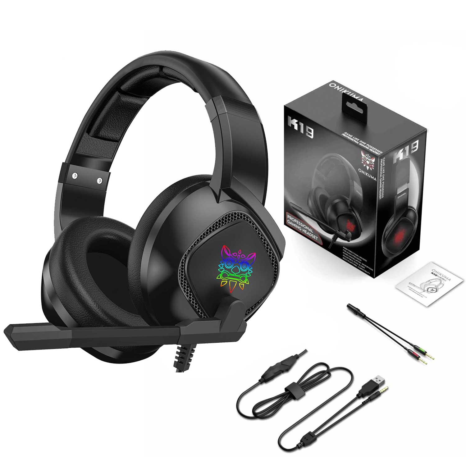 Onikuma K19 Rgb Wired Stereo Gaming Headset True Noise Cancellation, Usb+3.5mm Audio Plug For Ps4/Pc/Xbox One Controller/Laptop, Black