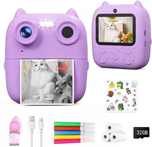 D8s Childrens Time Front/Back Rear Hd Digital Thermal Print Camera 1080p 48mp Purple